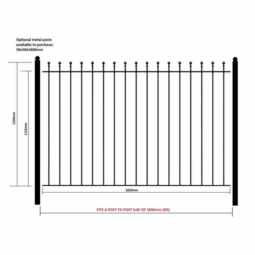 Burbage Iron Craft Manor Ball Top Garden Fencing Panel, Black Powder-Coated Galvanised Steel, W: 183.0 cm, H: 122.0 cm – 2