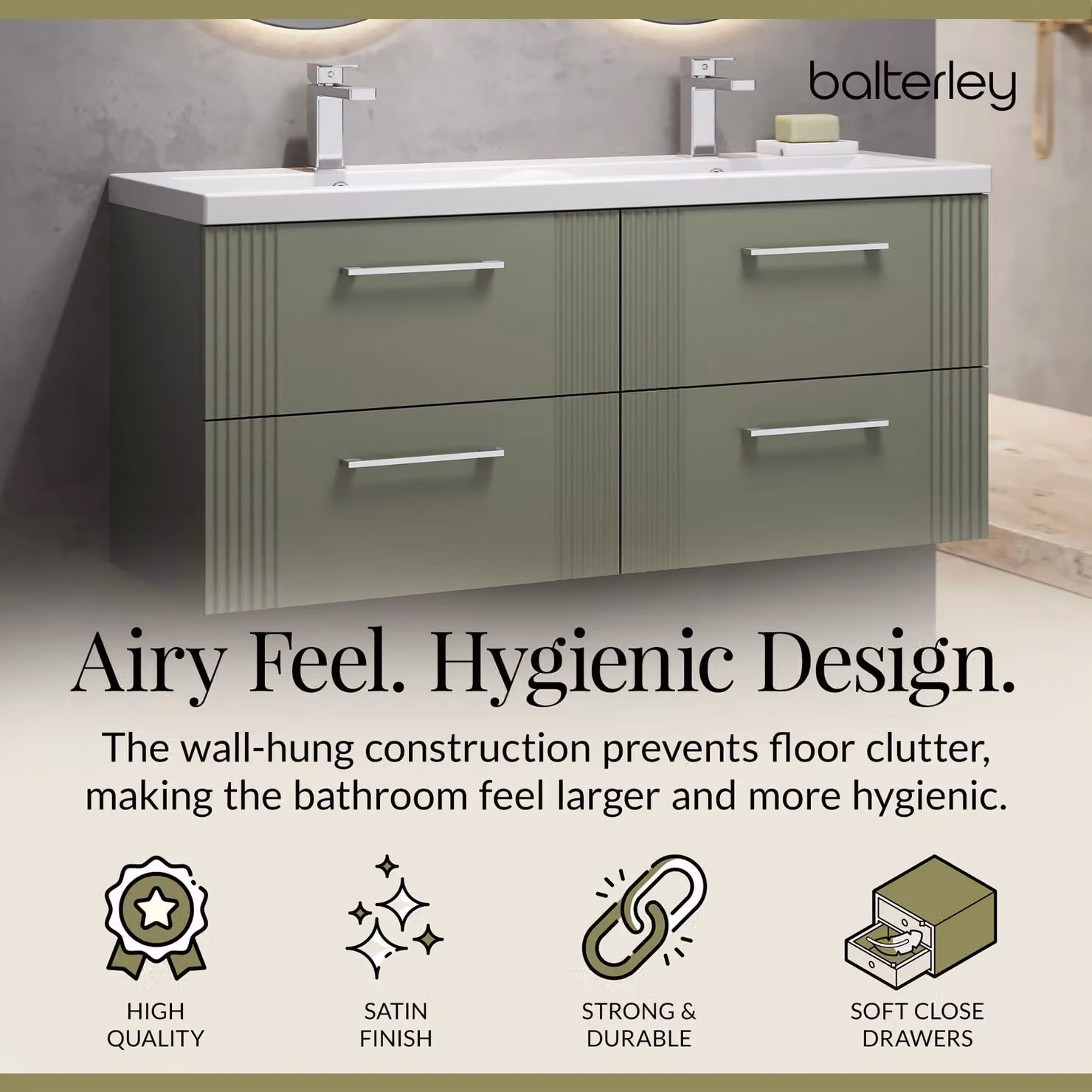 Balterley Wall Hung 4 Drawer Vanity Unit with 2 Ceramic Basins, Satin Green, W: 120 cm – 2