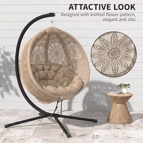 Outsunny Egg Hanging Swing Chair with Metal Stand and Cushions in Sand and Brown – 4