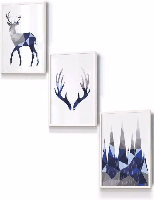 ARTZE Geometric Navy Blue and Grey Stags Framed Wall Art Set in White, W: 33 cm, H: 45 cm, D: 2 cm