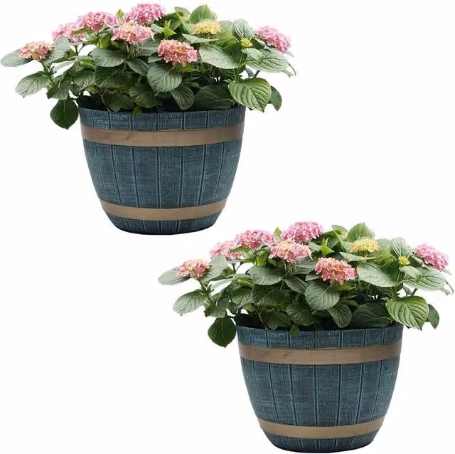 Havendro Blue Rustic Plastic Barrel Planter Tub Set of 2
