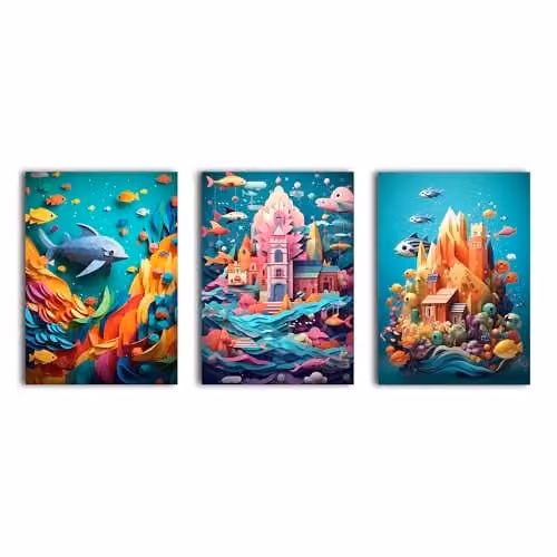 Simpa Fantasy SeaWorld 3 Panel Multicolour Canvas Wall Art – 1