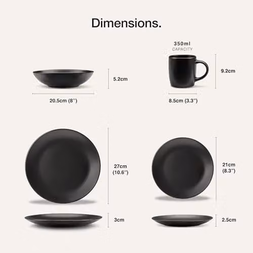 VonShef 16 Piece Matte Black Stoneware Dinner Set for 4, including Dinner Plates (Diameter: 28 cm), Side Dishes (Diameter: 21 cm), Bowls (Diameter: 16 cm) and Mugs, Dishwasher and Microwave Safe – 8
