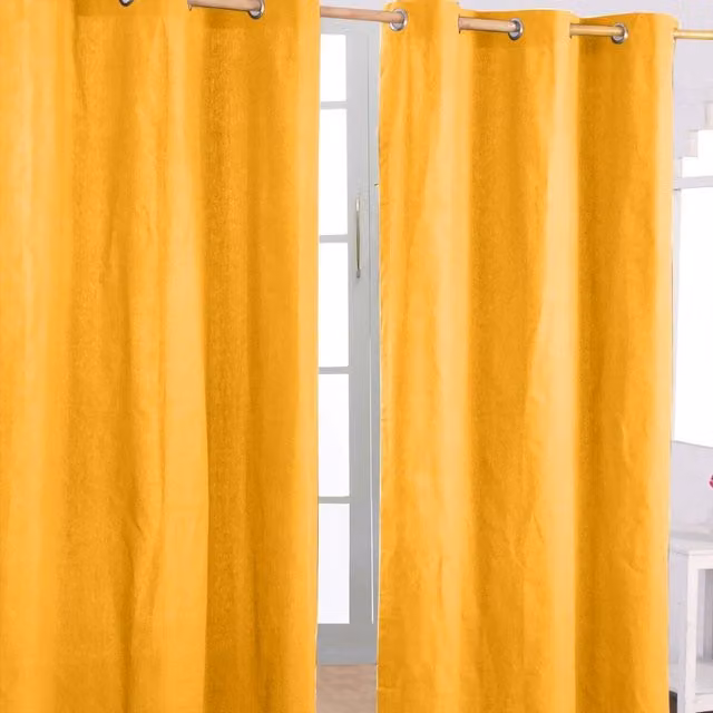 Homescapes Plain Cotton Eyelet Curtain Pair in Yellow, Width: 137 cm, Height: 228 cm