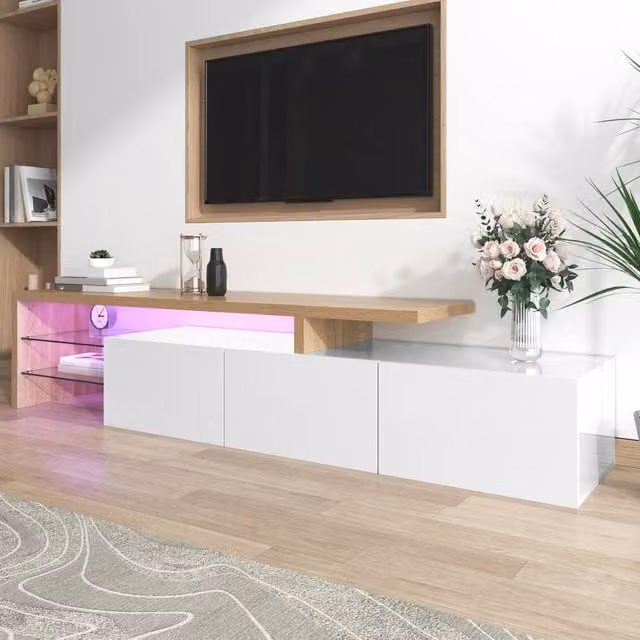 Merax Modern High Gloss White TV Stand with Glass Details, W: 192.5 cm, D: 42 cm, H: 42 cm