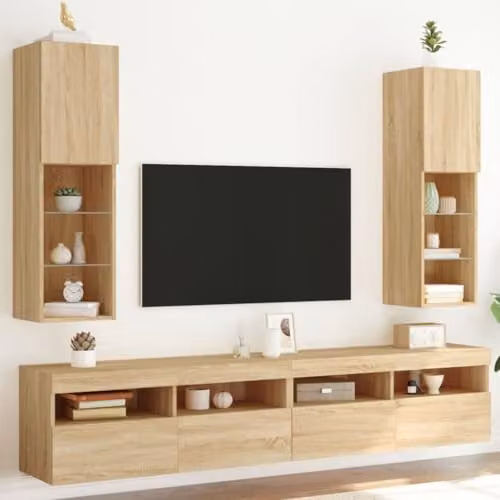 vidaXL Set of 2 Modern Wall-Mounted TV Cabinets with Integrated LED Lights, Brown, W/D/H: 30.5 x 30.5 x 102 cm