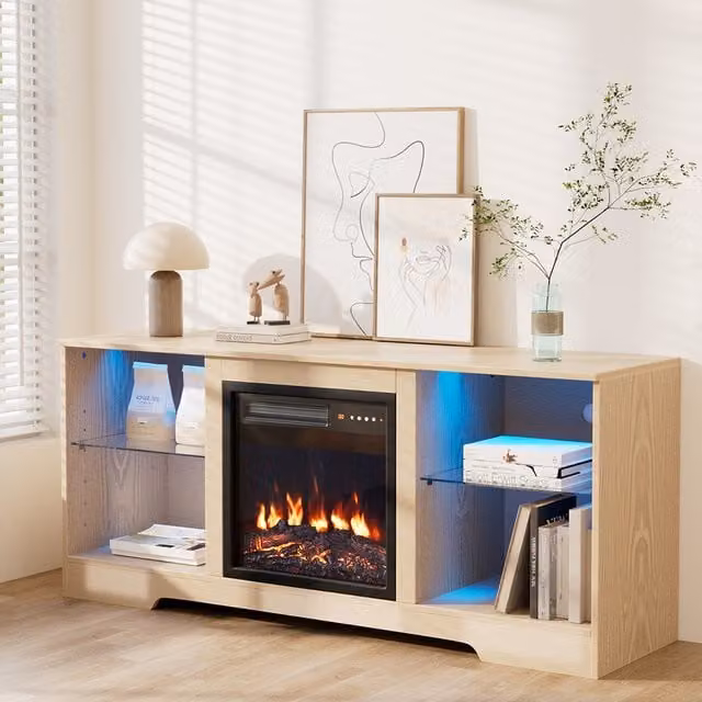 Livingandhome Modern Electric Fireplace TV Unit with Adjustable Flame in Light Natural and Black