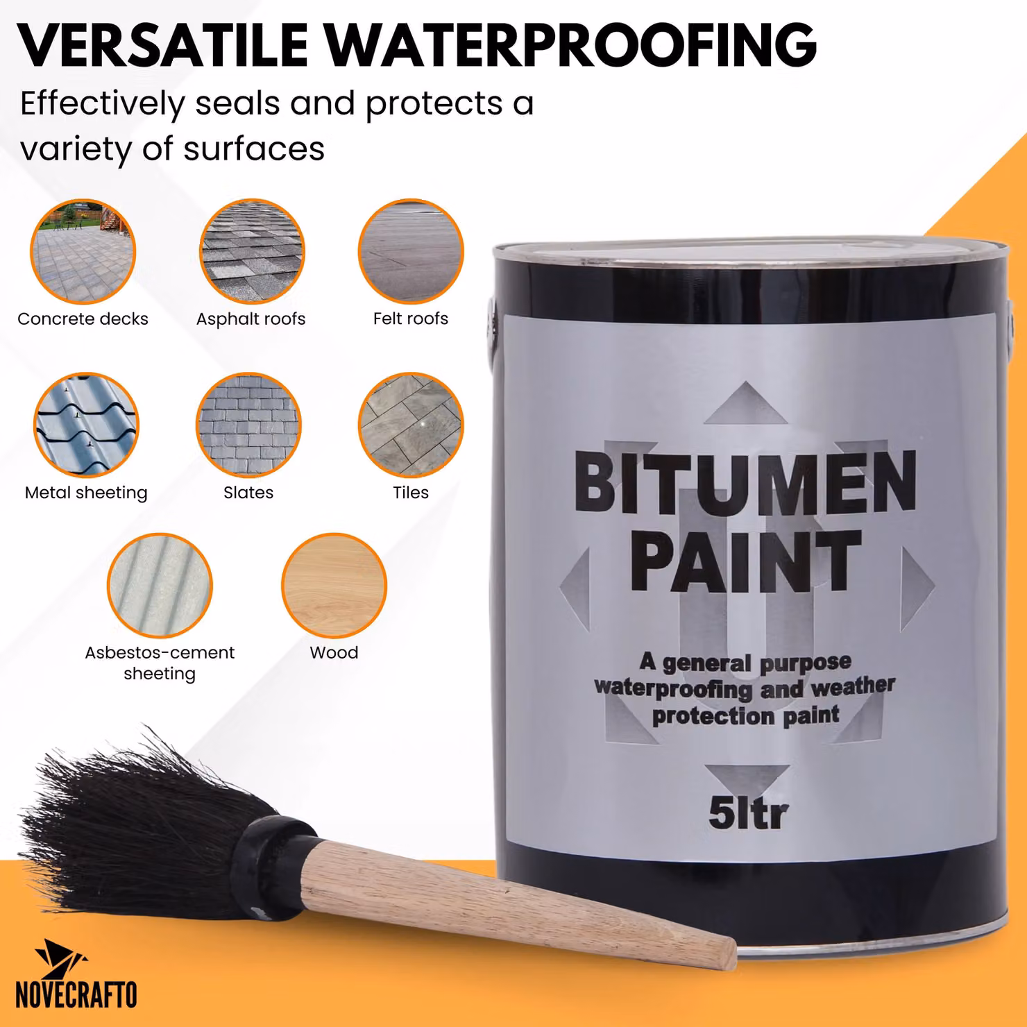 Novecrafto Black Solvent Based Bitumen Paint 5L with Brush for Waterproofing Metal and Outdoor Surfaces – 5