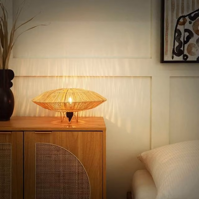 Wyld and Coco Table Lamp with Natural Straw Shade and Black Metal Base – 1