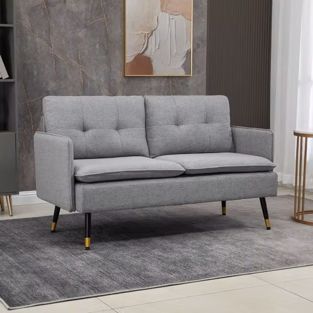 HOMCOM Mid-Century Button Tufted Upholstered Love Seat in Grey with Gold Accents