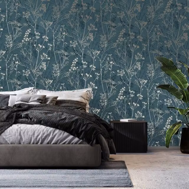 Superfresco Hedgerow Floral Botanical Wallpaper in Petrol, Gold and Silver