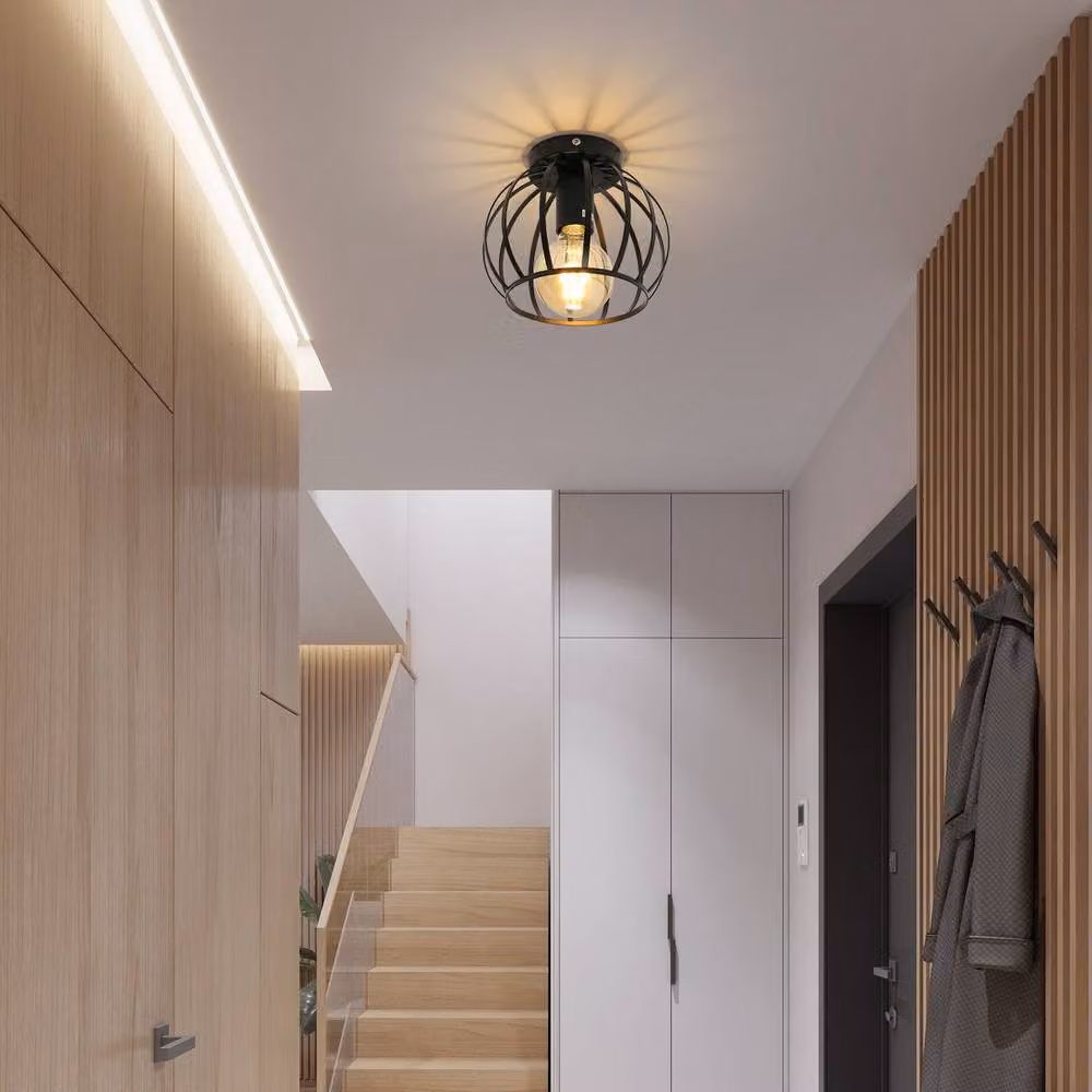 Pheashine Black Metal Cage Semi-Flush Ceiling Light with E27 Vintage Style Design – 6