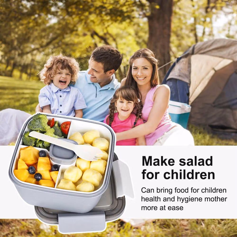 Greentainer Salad Container and Lunch Box in Grey with 3 Compartments and Spoon, 52 oz – 3