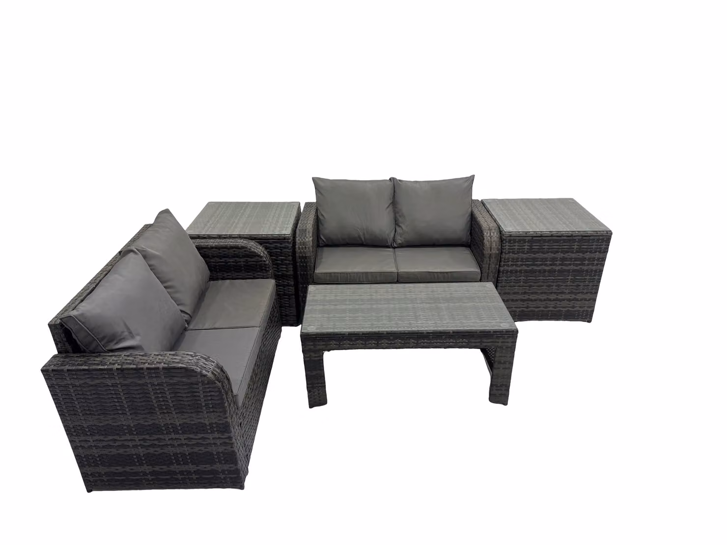 Fimous Garden Modern Outdoor Furniture Set with 2 Side Tables in Dark Grey Rattan, Metal and Glass – 2