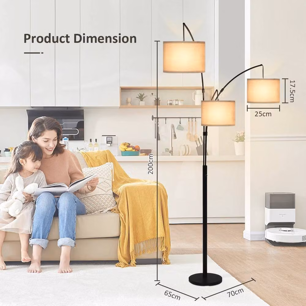 VOGREX Modern 3 Light Floor Lamp with Rotary Knob and Black Linen Shade – 2