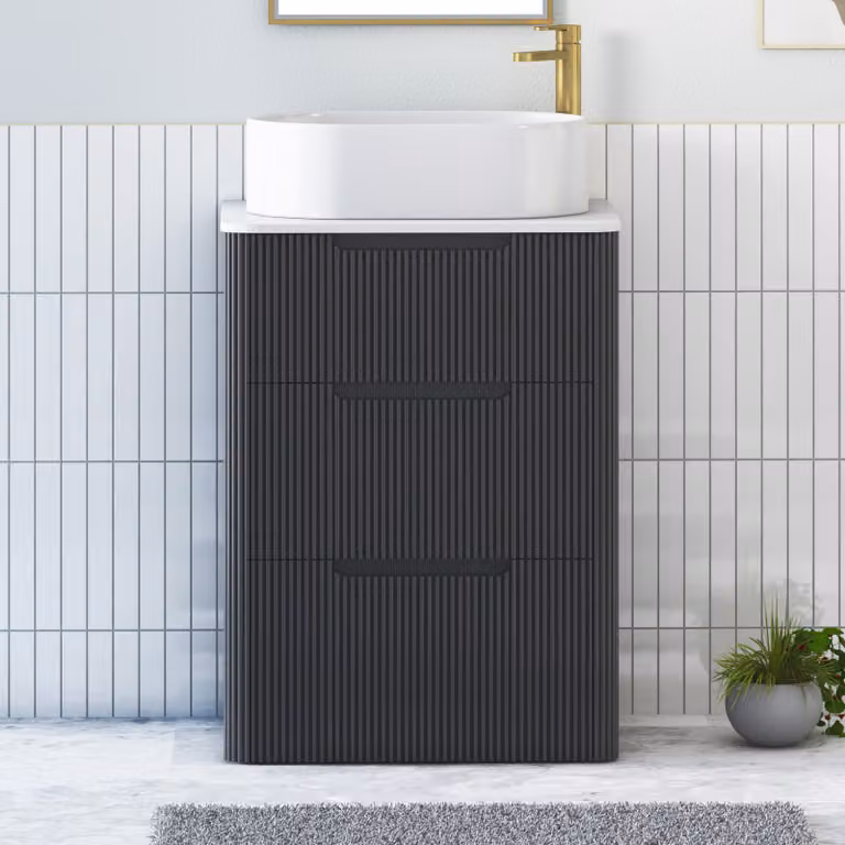 Royal Bathrooms Avenza 600mm Matt Obsidian Black Floor Standing 3 Drawer Vanity Unit with Plain White Worktop and Peak Basin
