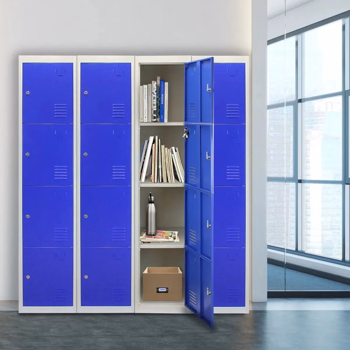 Monstershop Metal Storage Lockers with Four Hinged Doors and Lock, Blue/Grey, H: 180 cm, W: 45 cm, D: 38 cm – 2