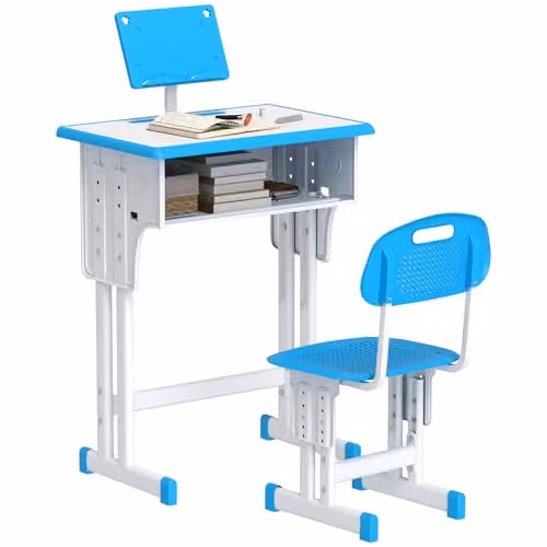 HOMCOM Height Adjustable Kids Desk and Chair Set with Drawer in Blue, W/D/H: 80 x 60 x 102 cm – 1