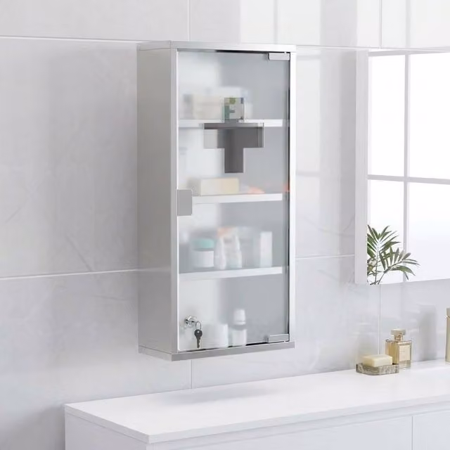 STILVORA Wall Mounted Silver Metal Medicine Cabinet with Lockable Glass Doors and Internal Shelves – 1