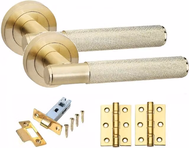 Golden Grace Knurled T-Bar Internal Door Handle Set with Round Rose in Satin Brass and Gold Bronze