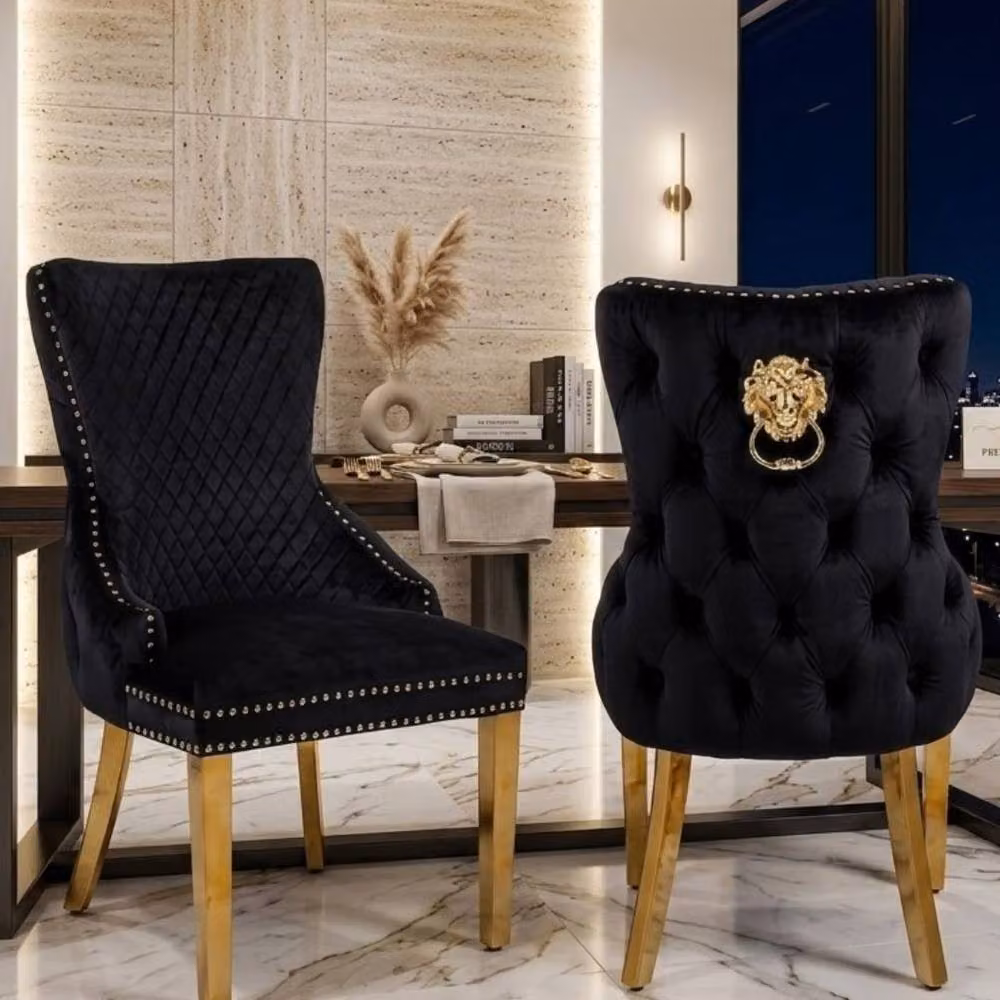 Home Luxe Interior Set of 2 Black Victoria Velvet Dining Chairs with Gold Metal Legs – 8