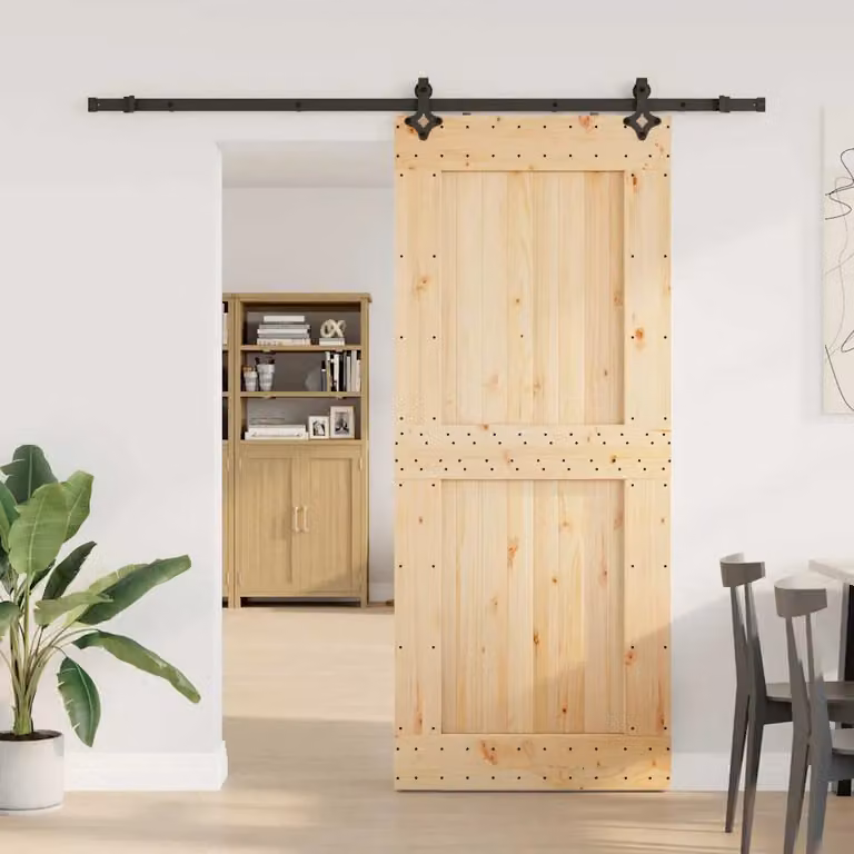 Berkfield Home Rustic Solid Wood Pine Sliding Door with Hardware Set, Brown, W: 95 cm, H: 210 cm