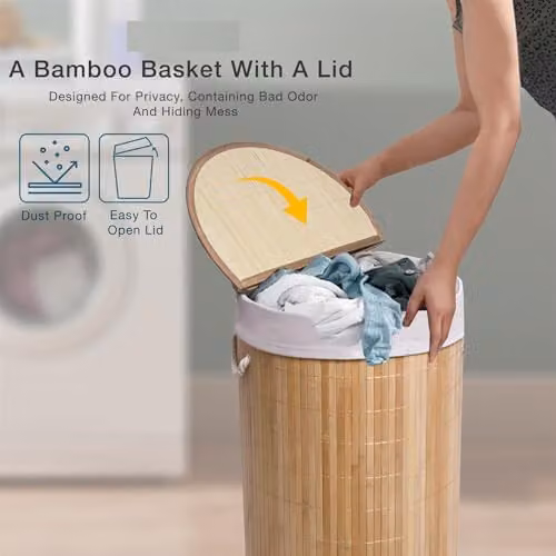 MantraRaj 50L Folding Bamboo Laundry Basket with Lid and Removable Washable Bag, Brown – 2