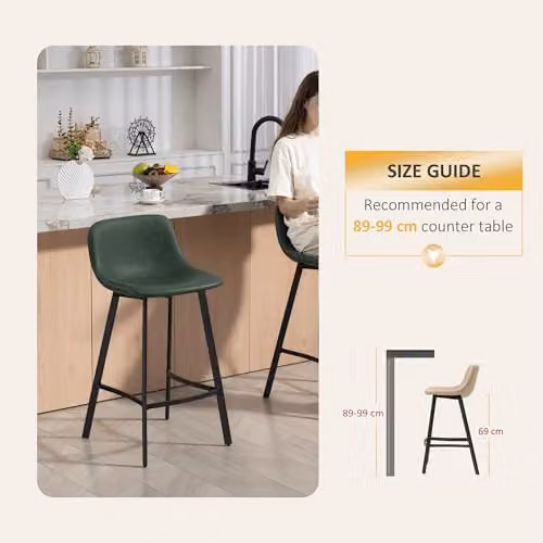 HOMCOM Set of 2 Green PU Leather Upholstered Bar Stools with Backrest – 3