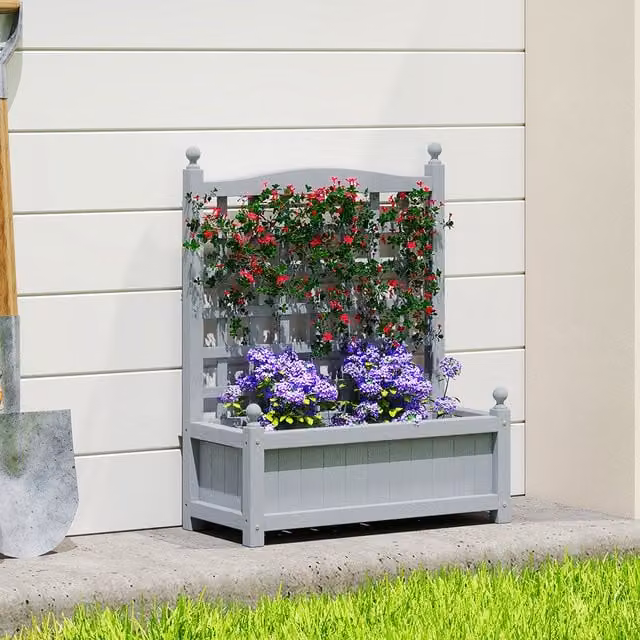 Outsunny Grey Fir Wood Raised Garden Bed with Trellis for Ornamental and Vegetable Gardens