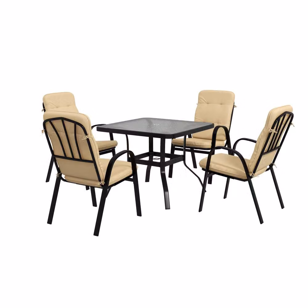 STILVORA Modern Garden Dining Set for 4 with Square Glass-Top Table and Powder Coated Steel Chairs in Beige – 2