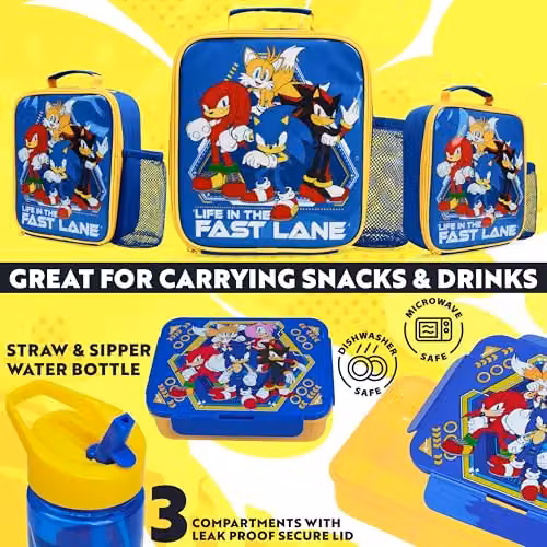 Get Trend Sonic the Hedgehog 3 Piece Lunch Set with Insulated Bag, Leakproof Water Bottle and BPA Free Lunch Box in Multicolour – 3