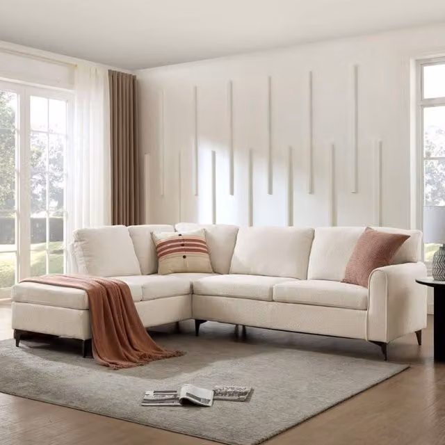 Home Detail Alyssum Left-Hand Corner Sofa in Beige Bouclé Fabric with Metal Frame, W/D/H: 249 x 197 x 88 cm – 1