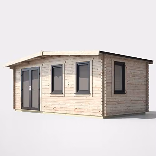 Powersheds Premium Apex Chalet Log Cabin in Natural Brown with Double Doors, Toughened Glass Windows and EPDM Rubber Roofing (Left Orientation Door)