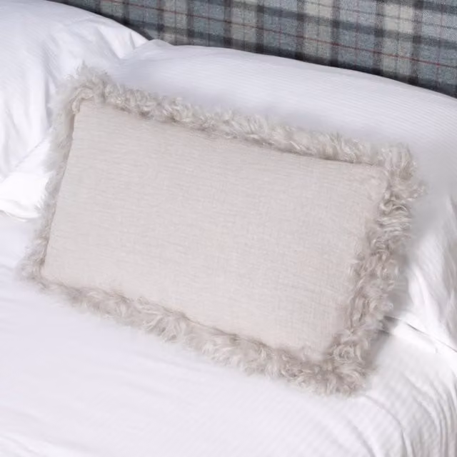 Native Natural Grey Linen and Lambskin Trim Rectangular Cushion W: 50 cm, H: 30 cm, D: 30 cm