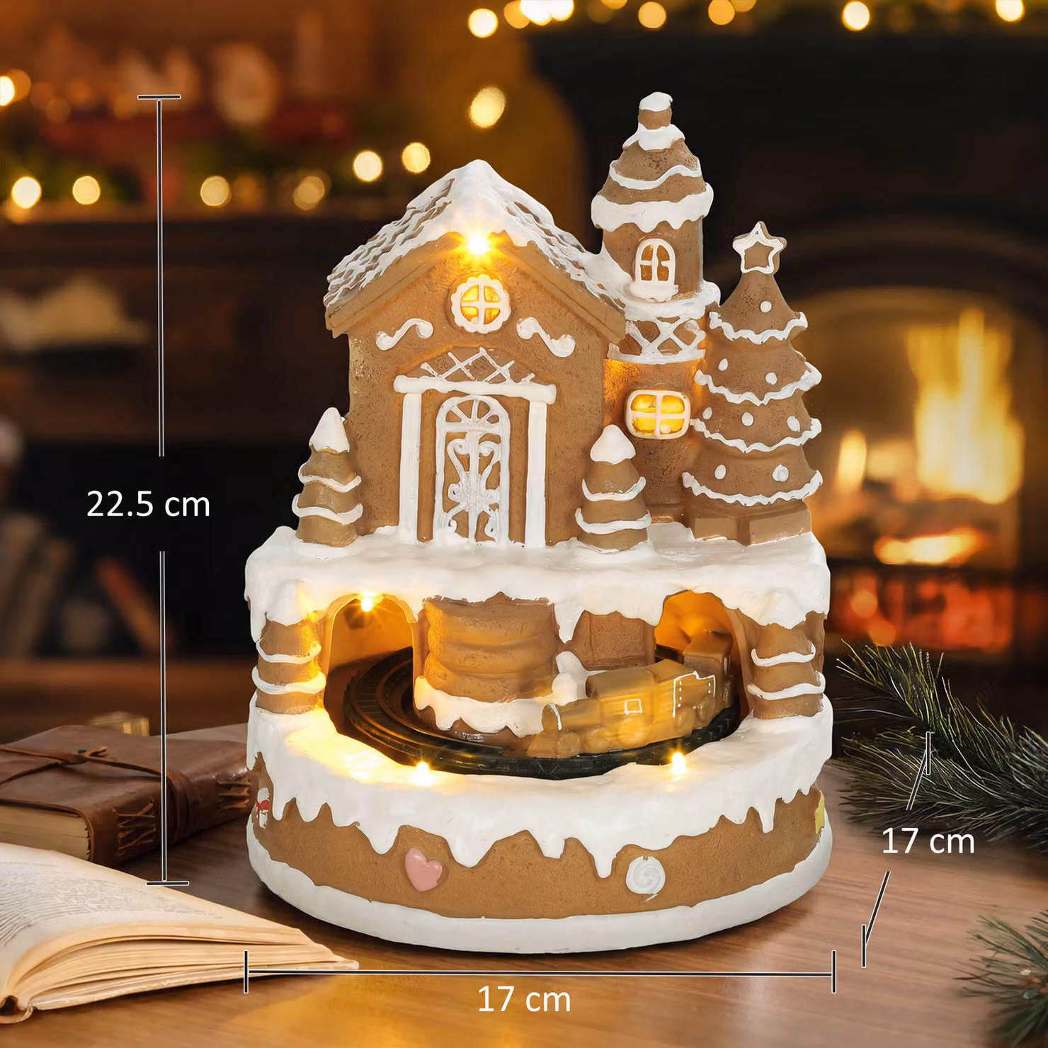 HOMCOM Christmas Gingerbread House Lighted Musical Snow Village with Rotating Train and LEDs in White and Brown – 3