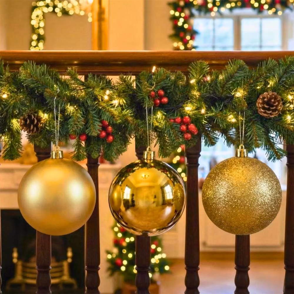 Shatchi Set of 3 Gold Christmas Baubles, 25 cm Diameter, Glossy, Matte and Glitter Finishes – 2