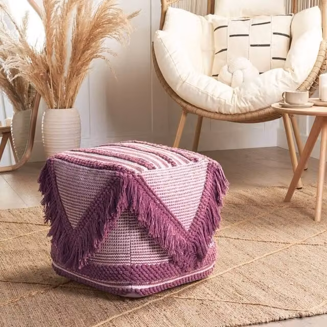 Wyld and Coco Pink Hand-Knitted Cotton Striped Pouffe with Tassels, W/D/H: 40 x 40 x 40 cm – 1