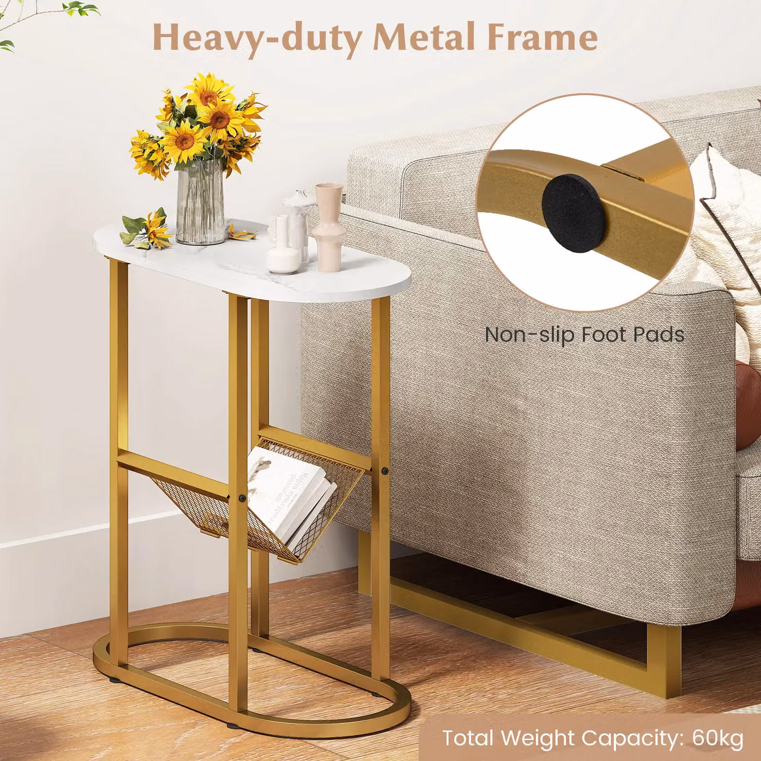 Costway Set of 2 Modern Faux Marble Narrow Side Tables with Magazine Holder in White – 2