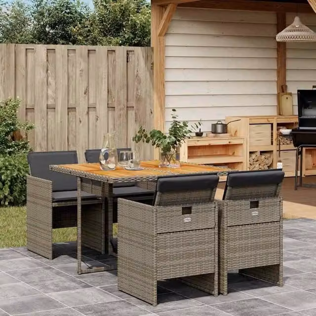 Berkfield Home 5 Piece Grey Poly Rattan Garden Dining Set with Cushions – 1