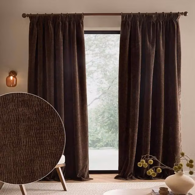 Yard Heath Brown Washed Velvet Pencil Pleat Curtain Pair, Width: 117 cm, Drop: 137 cm