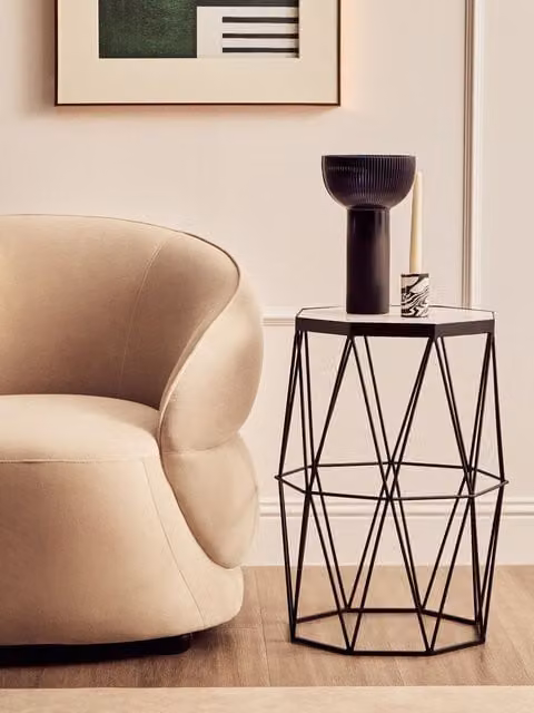 Interiors by Premier Orsina Side Table with Octagonal White Marble Inset and Geometric Black Iron Frame – 2