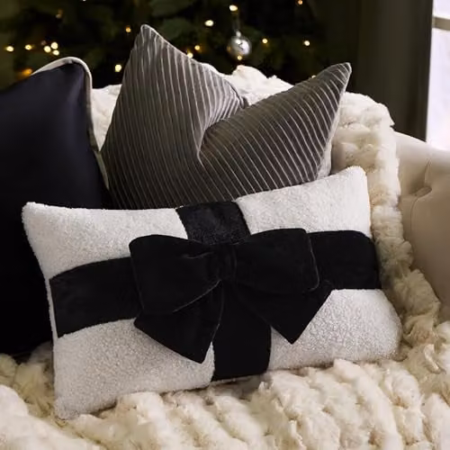 OHS Bow Wrapped Boucle Scatter Cushion in Black and White, W: 50 cm, H: 30 cm – 1