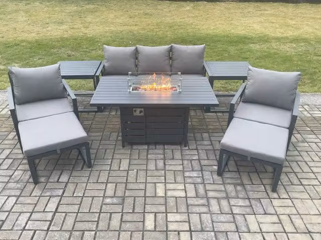 Fimous Aluminium Outdoor Garden Furniture Set in Dark Grey with Gas Fire Pit Dining Table, Lounge Sofa, 2 Side Tables and 2 Footstools
