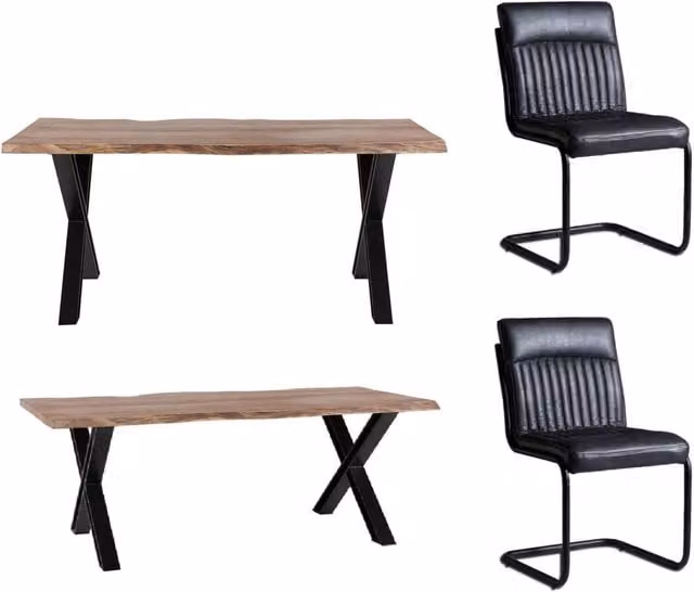 IH Design Live Edge Acacia Wood Dining Table Set with 2 Chairs and 1 Bench in Brown, Black and Grey