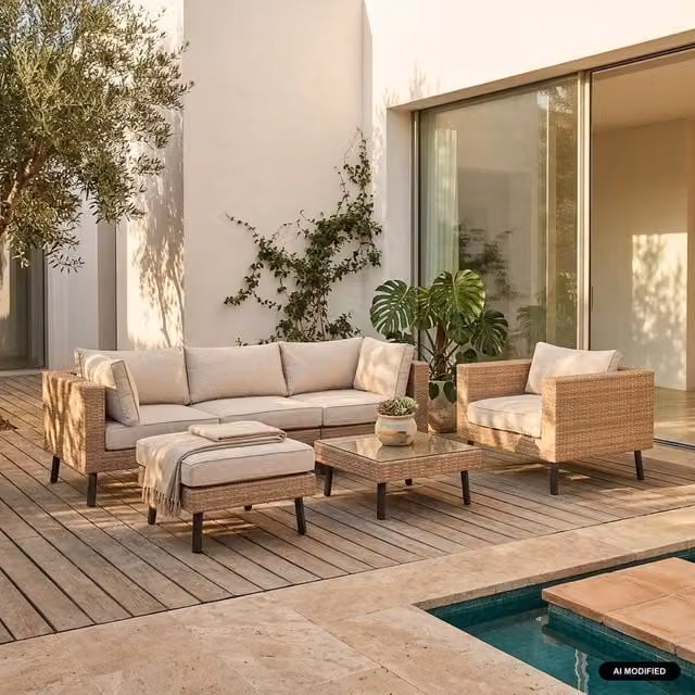 sweeek 5-Seater L-Shape Polyrattan Garden Sofa Set in Brown with Beige Upholstered Cushions and Powder Coated Aluminium Frame – 1
