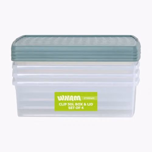 Wham 4 x 30L Rectangular Stackable Plastic Storage Boxes with Lids, Transparent/Green