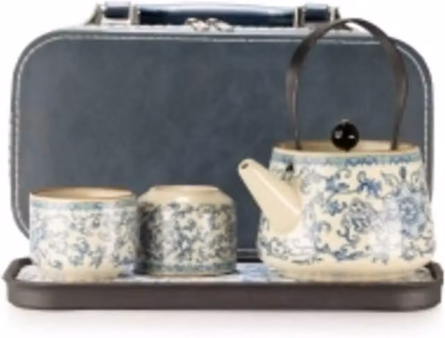 Serenityy Ceramic Floral Travel Teapot Set with Two Cups in Ru Blue