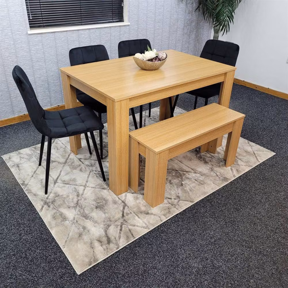 KOSY KOALA 6 Seater Modern Dining Table Set with 4 Black Velvet Chairs and Bench in Brown and Black – 2