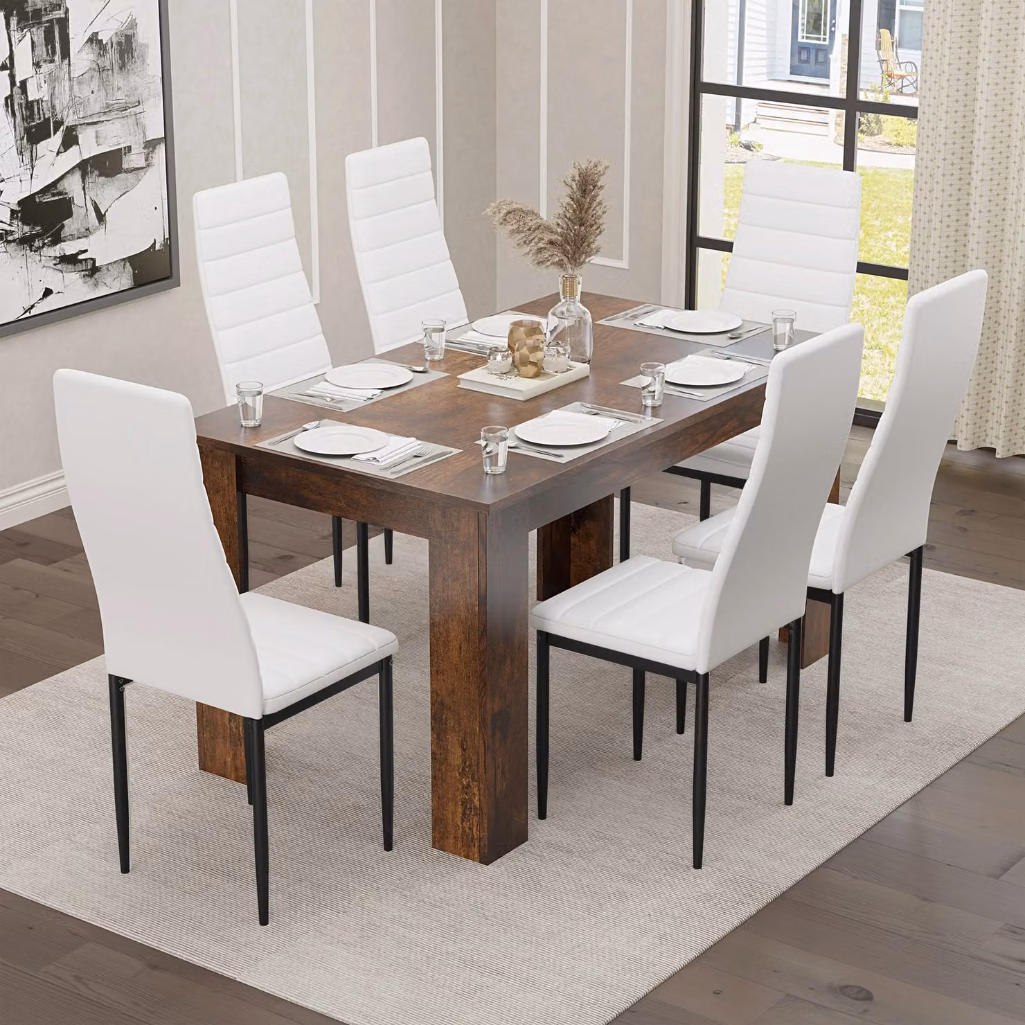 DHS Rustic Finish 4-6 Seater Dining Table and Chairs Set in White