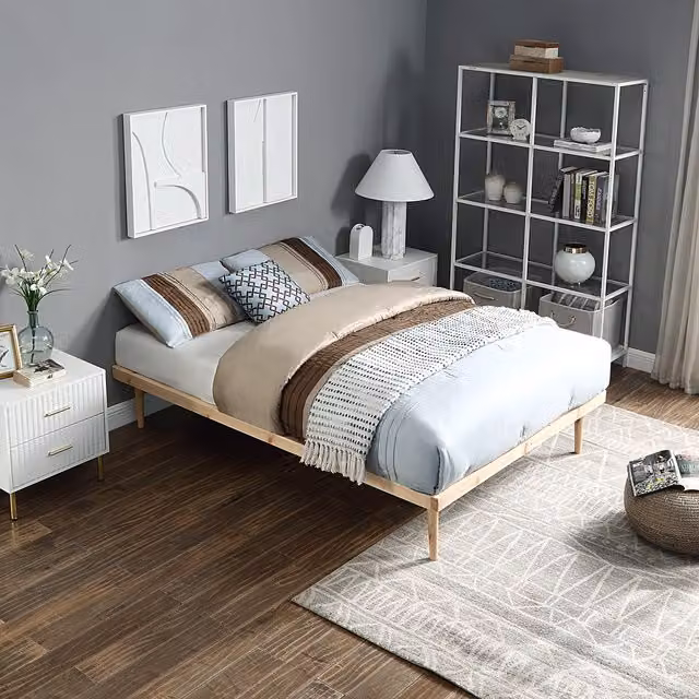 Home Treats Solid Wood Pine Double Platform Bed Frame and Mattress in Brown or White, 140 x 200 cm